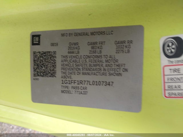 Chevrolet Camaro Rwd  Lt1 2020 1G1FF1R77L0107347 Image 9