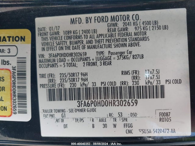 Ford FUSION SE 2017 3FA6P0HD0HR302659 Image 9