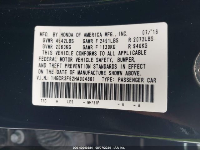1HGCR3F92HA004861 Honda Accord Touring V6