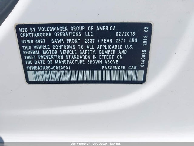 1VWBA7A39JC023801 Volkswagen Passat 2.0t Se