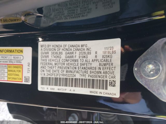 2HGFE2F21RH522324 Honda Civic Lx