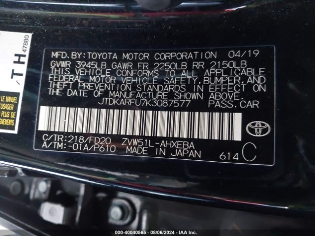 JTDKARFU7K3087577 Toyota Prius Le