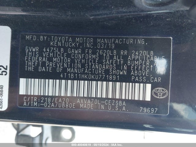 Toyota CAMRY SE 2019 4T1B11HK0KU771891 Image 9