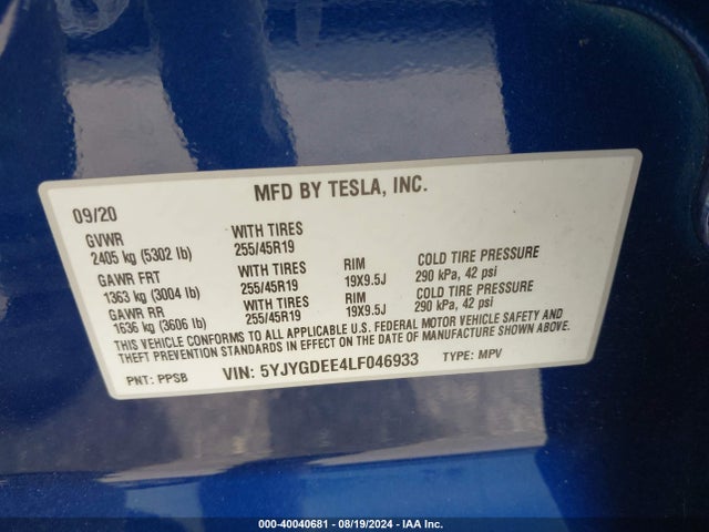 2020 TESLA MODEL Y 5YJYGDEE4LF046933 Photo 8
