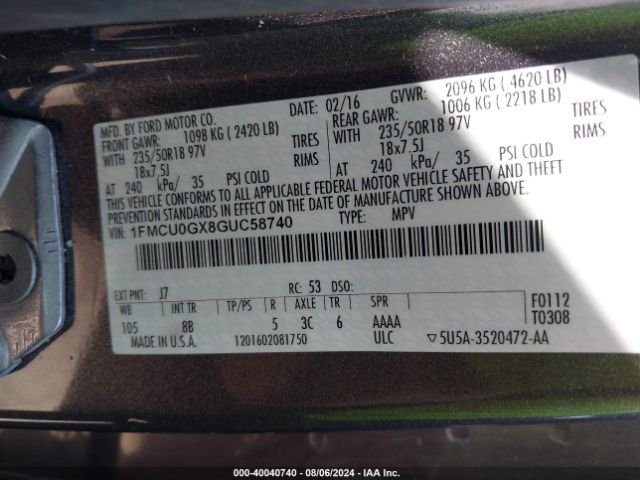 1FMCU0GX8GUC58740 Ford ESCAPE SE