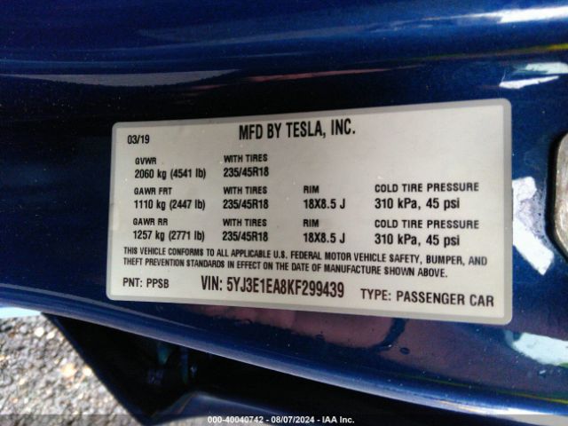 5YJ3E1EA8KF299439 Tesla Model 3 Long Range/mid Range/standard Range/standard Range Plus