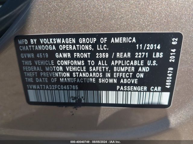 1VWAT7A32FC045765 Volkswagen Passat 1.8t S