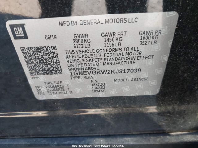 1GNEVGKW2KJ317039 Chevrolet Traverse 1lt