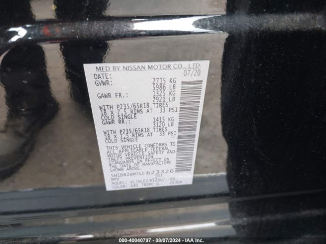 5N1DR2BM7LC623326 Nissan Pathfinder Sv 4wd
