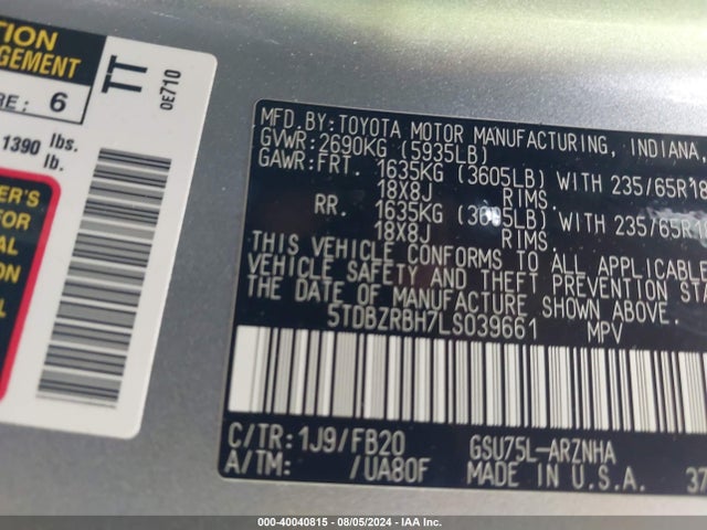 Toyota Highlander Le 2020 5TDBZRBH7LS039661 Image 9