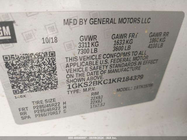 1GKS2BKC1KR184339 GMC YUKON SLT
