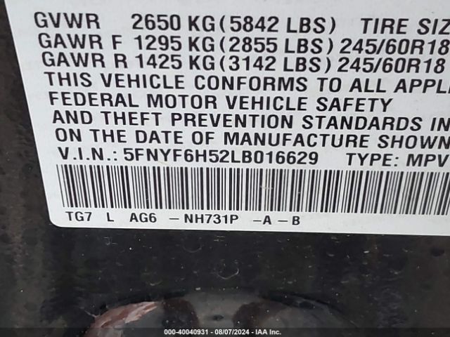 5FNYF6H52LB016629 Honda Pilot Awd Ex-l
