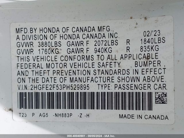 2HGFE2F53PH529895 Honda Civic Sport