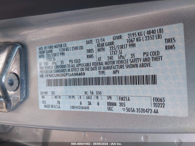 Ford ESCAPE SE 2015 1FMCU9G92FUA98469 Image 9