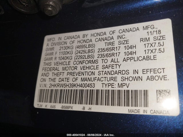 2HKRW5H39KH400453 Honda CR-V LX