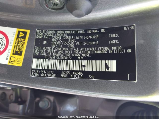 5TDJZRFH5JS898122 Toyota Highlander Xle
