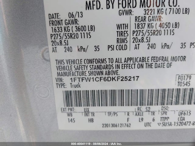 40041119 :رقم المزاد ، 1FTFW1CF6DKF25217 vin ، 2013 Ford F-150 Lariat مزاد بيع
