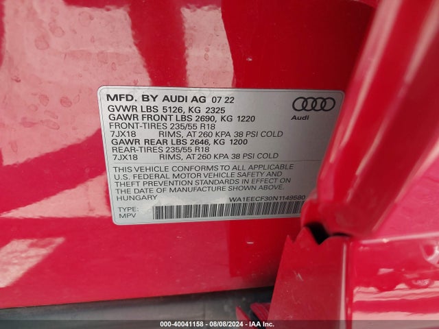 WA1EECF30N1149580 Audi Q3 Premium Plus 45 Tfsi S Line Quattro Tiptronic