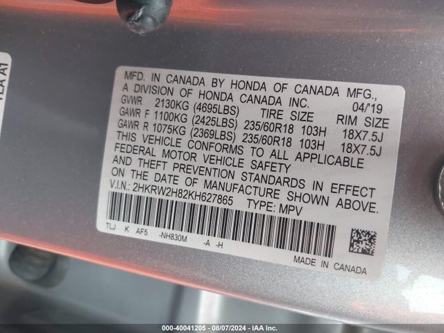 Honda Cr-v Ex-l 2019 2HKRW2H82KH627865 Image 9