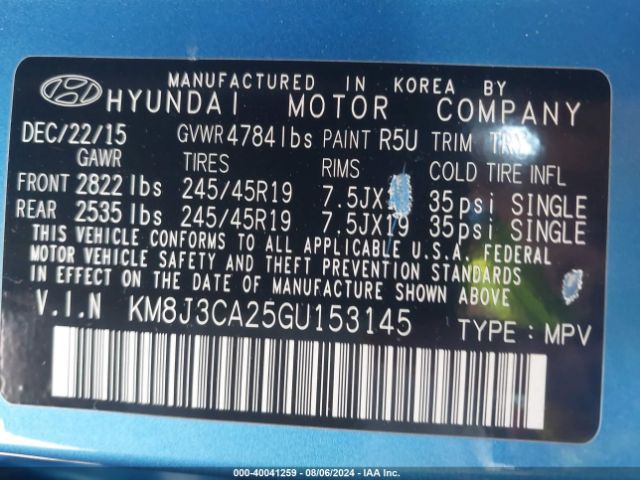 KM8J3CA25GU153145 Hyundai Tucson Sport