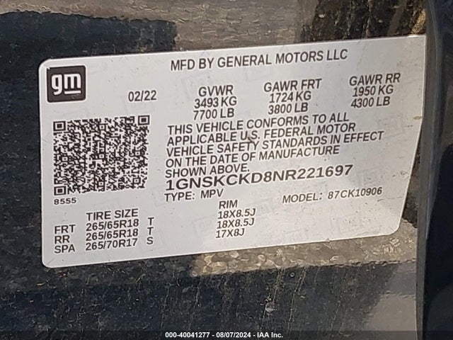Chevrolet Suburban 4wd Lt 2022 1GNSKCKD8NR221697 Image 9