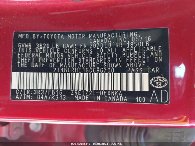 Toyota COROLLA LE 2016 2T1BURHE1GC686700 Image 9