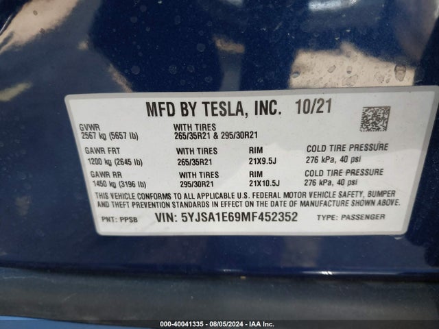 Tesla MODEL S 2021 5YJSA1E69MF452352 Image 22