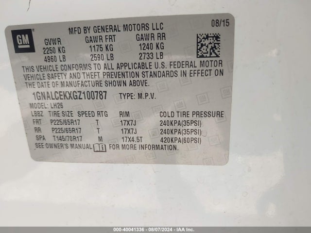 Chevrolet EQUINOX LT 2016 1GNALCEKXGZ100787 Image 9