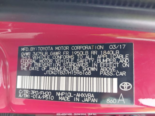 JTDKDTB37H1596168 Toyota Prius C One