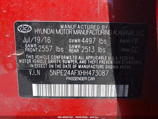 Hyundai Sonata 2017 5NPE24AFXHH473087 Image 9