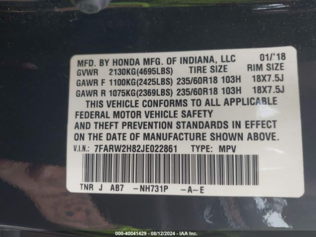 7FARW2H82JE022861 Honda Cr-v Ex-l/ex-l Navi