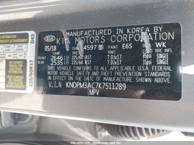 KNDPM3AC7K7511289 KIA Sportage Lx