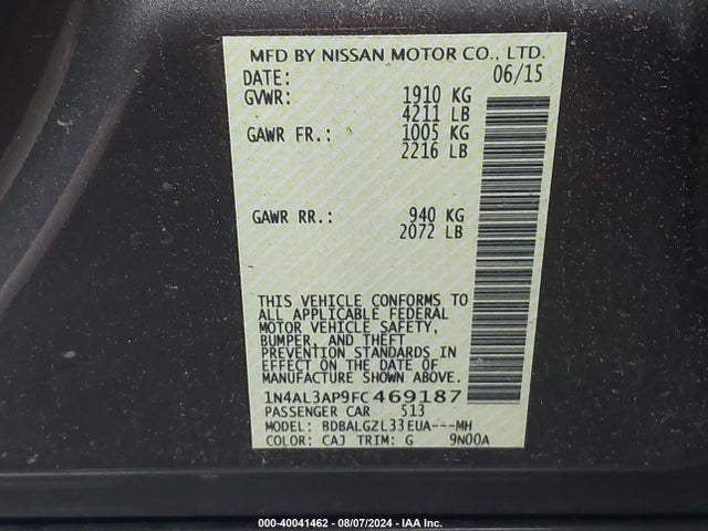Nissan Altima 2.5 S 2015 1N4AL3AP9FC469187 Image 9
