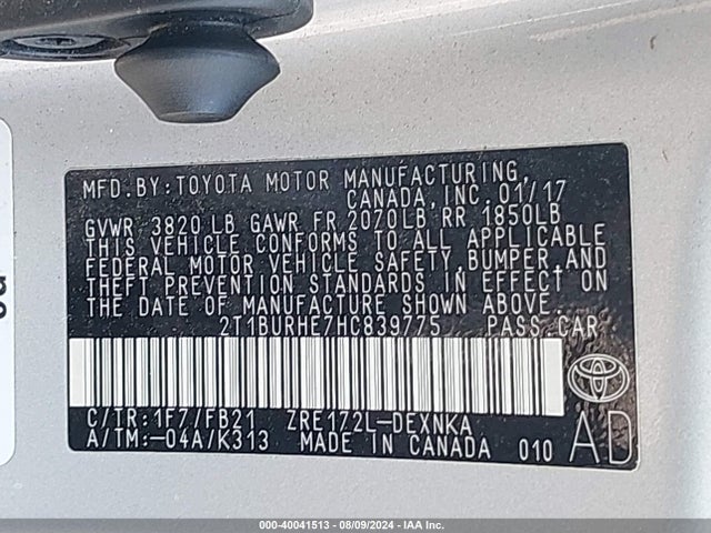 Toyota COROLLA LE 2017 2T1BURHE7HC839775 Image 9