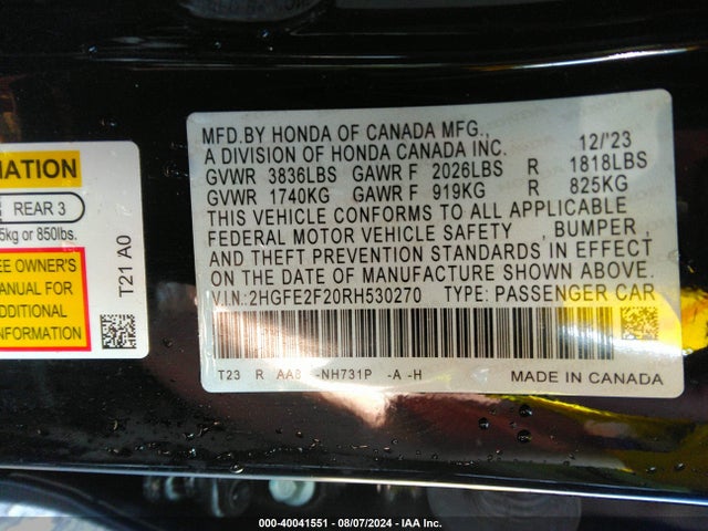 Honda Civic Lx 2024 2HGFE2F20RH530270 Image 9