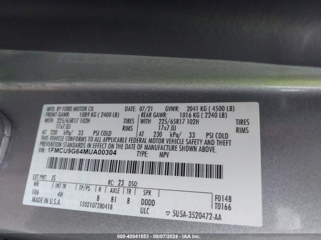 Ford ESCAPE SE 2021 1FMCU9G64MUA00304 Image 9