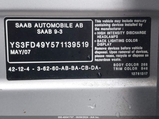 2007 SAAB 9-3 YS3FD49Y571139519 Photo 8