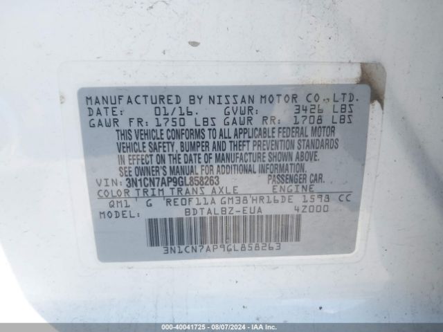 3N1CN7AP9GL858263 Nissan Versa 1.6 S/1.6 S+/1.6 Sl/1.6 Sv