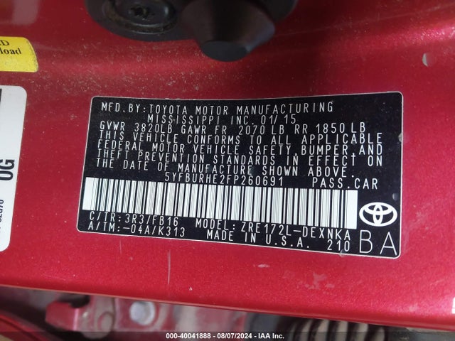 Toyota COROLLA LE 2015 5YFBURHE2FP260691 Image 9