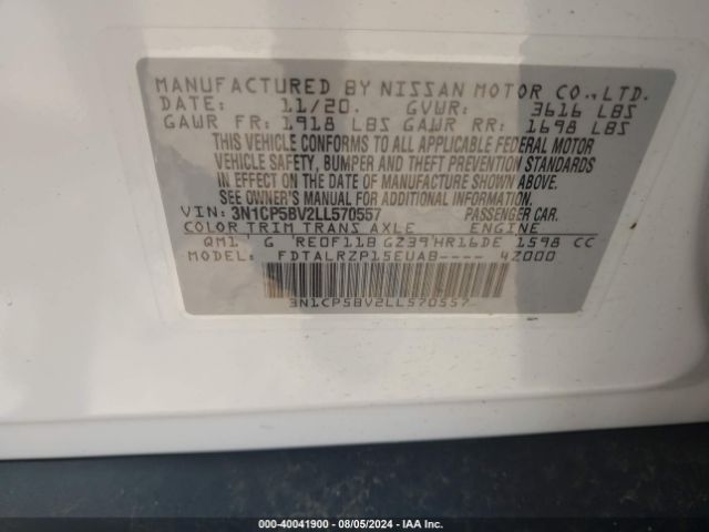 3N1CP5BV2LL570557 Nissan Kicks S Xtronic Cvt
