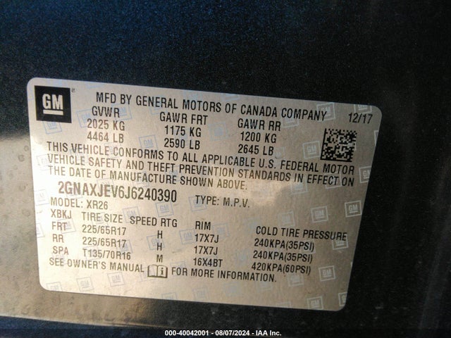 Chevrolet EQUINOX LT 2018 2GNAXJEV6J6240390 Image 9