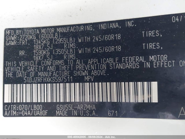 Toyota Highlander Xle 2019 5TDJZRFHXKS597511 Image 9