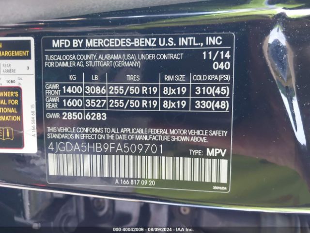 4JGDA5HB9FA509701 Mercedes-Benz Ml 350 4matic