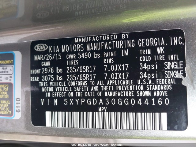 5XYPGDA30GG044160 KIA Sorento 2.4l Lx