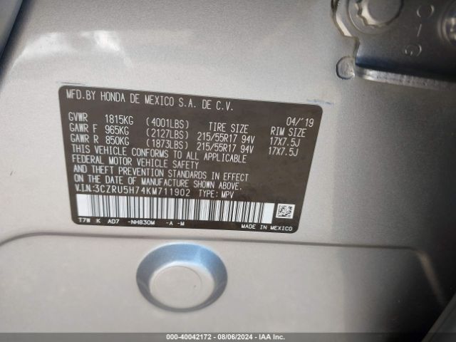 3CZRU5H74KM711902 Honda Hr-v Ex-l