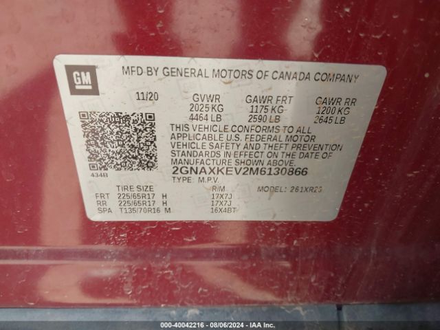 2GNAXKEV2M6130866 Chevrolet Equinox Fwd Lt