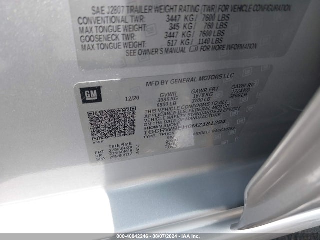 1GCRWBEH0MZ181294 Chevrolet Silverado 1500 2wd Double Cab Standard Bed Custom