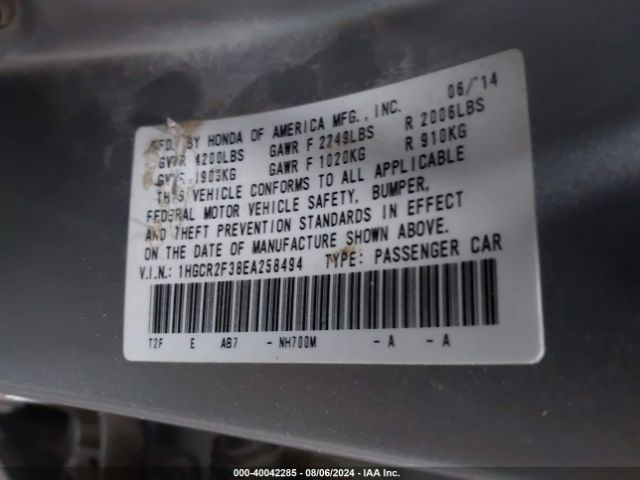 1HGCR2F38EA258494 Honda ACCORD LX