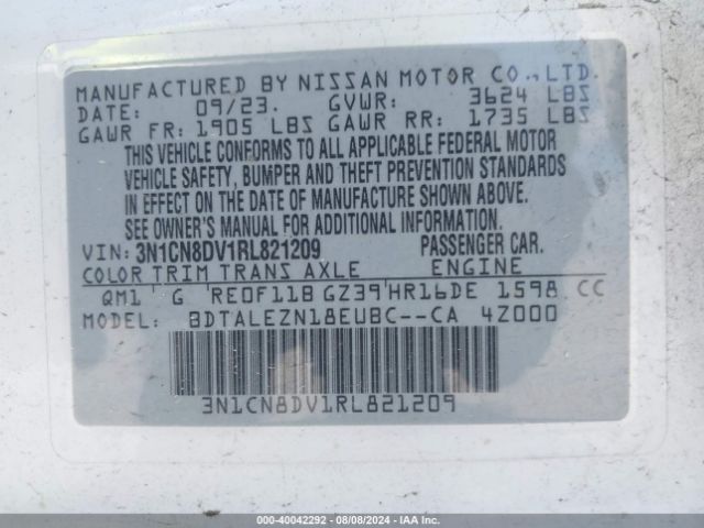 3N1CN8DV1RL821209 Nissan Versa 1.6 S