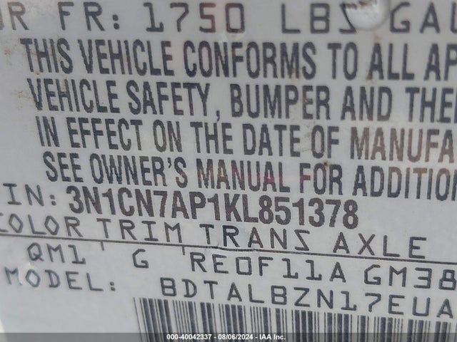 Nissan Versa 1.6 Sv 2019 3N1CN7AP1KL851378 Image 9